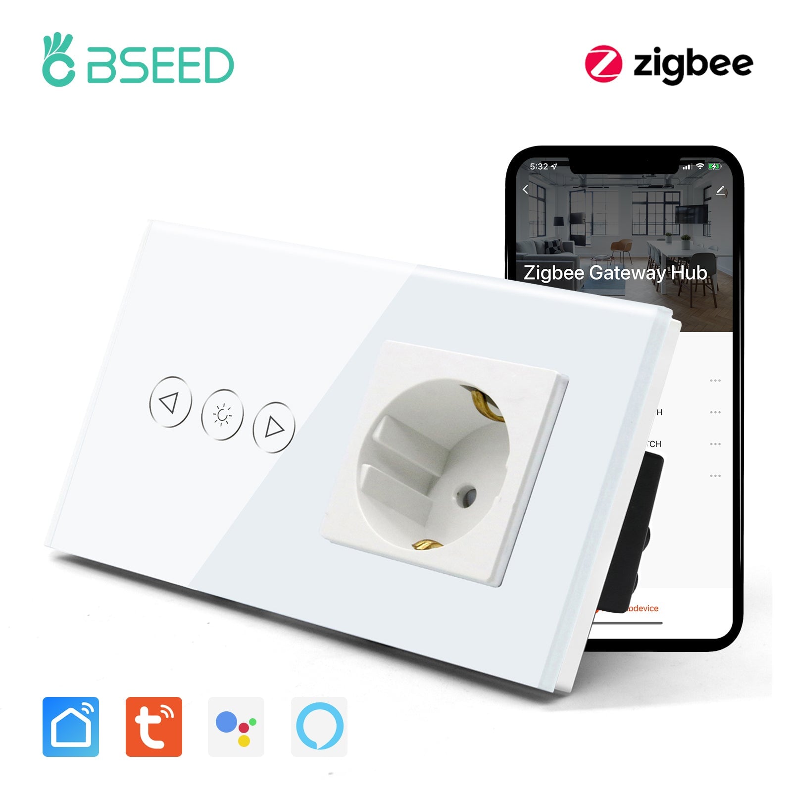 BSEED Zigbee Dimmer Switch With Zigbee Socket Glass Panel Light Switches Bseedswitch White 