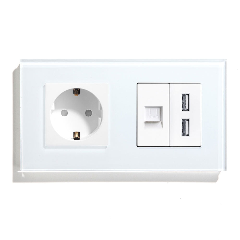 BSEED EU Socket With CAT5 And Double USB Power Outlets & Sockets Bseedswitch White 157mm 