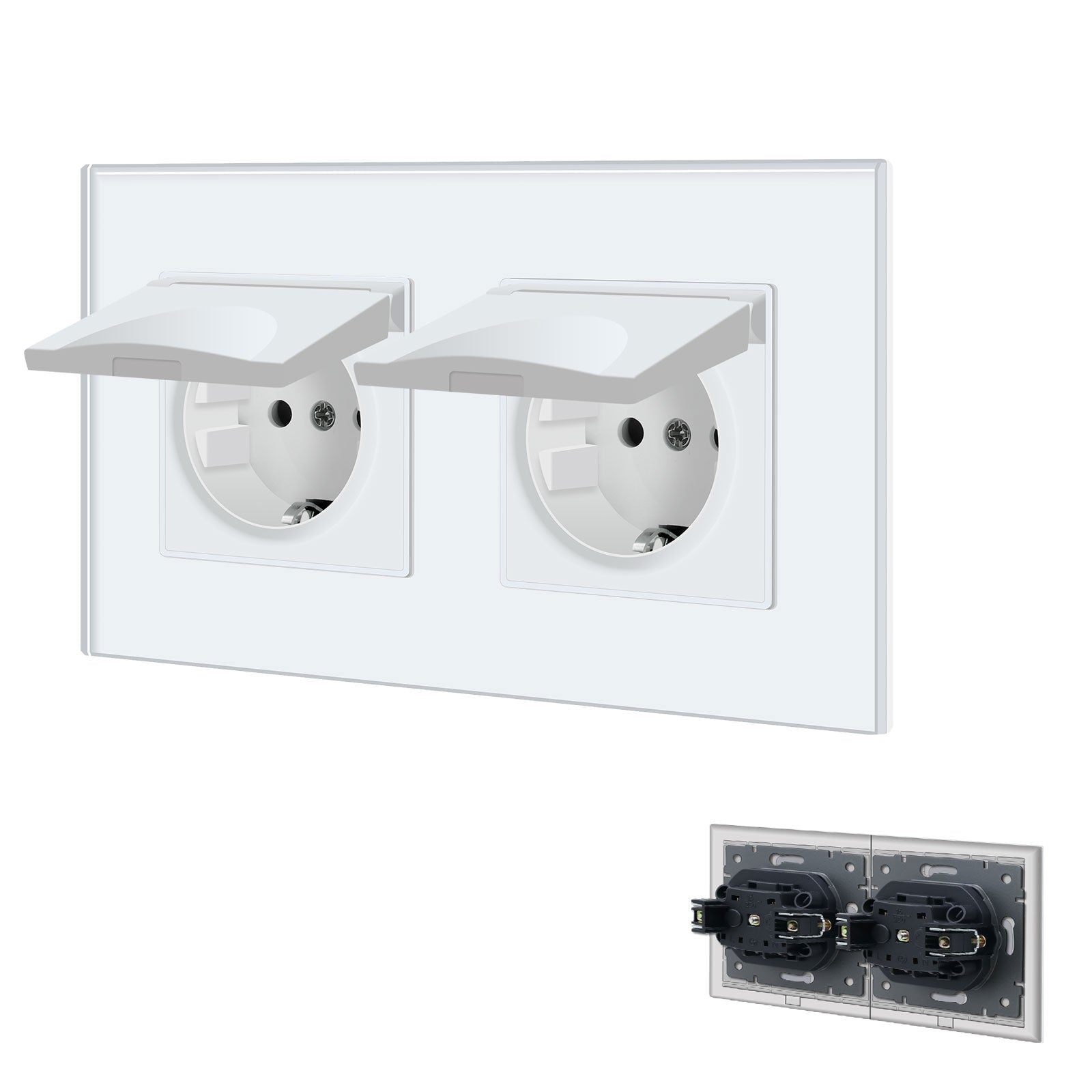 Bseed Waterproof Socket EU Standard Glass Panel with clamping technology Power Outlets & Sockets Bseedswitch White Double 