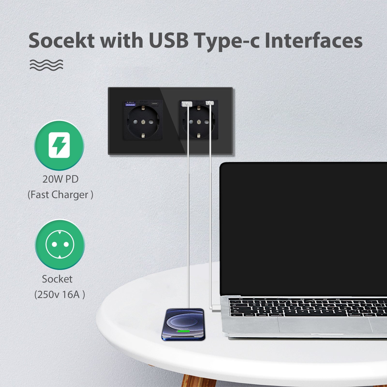 BSEED EU sockets with 20W PD Fast Charge Type-C PC Panel Power Outlets & Sockets Bseedswitch 