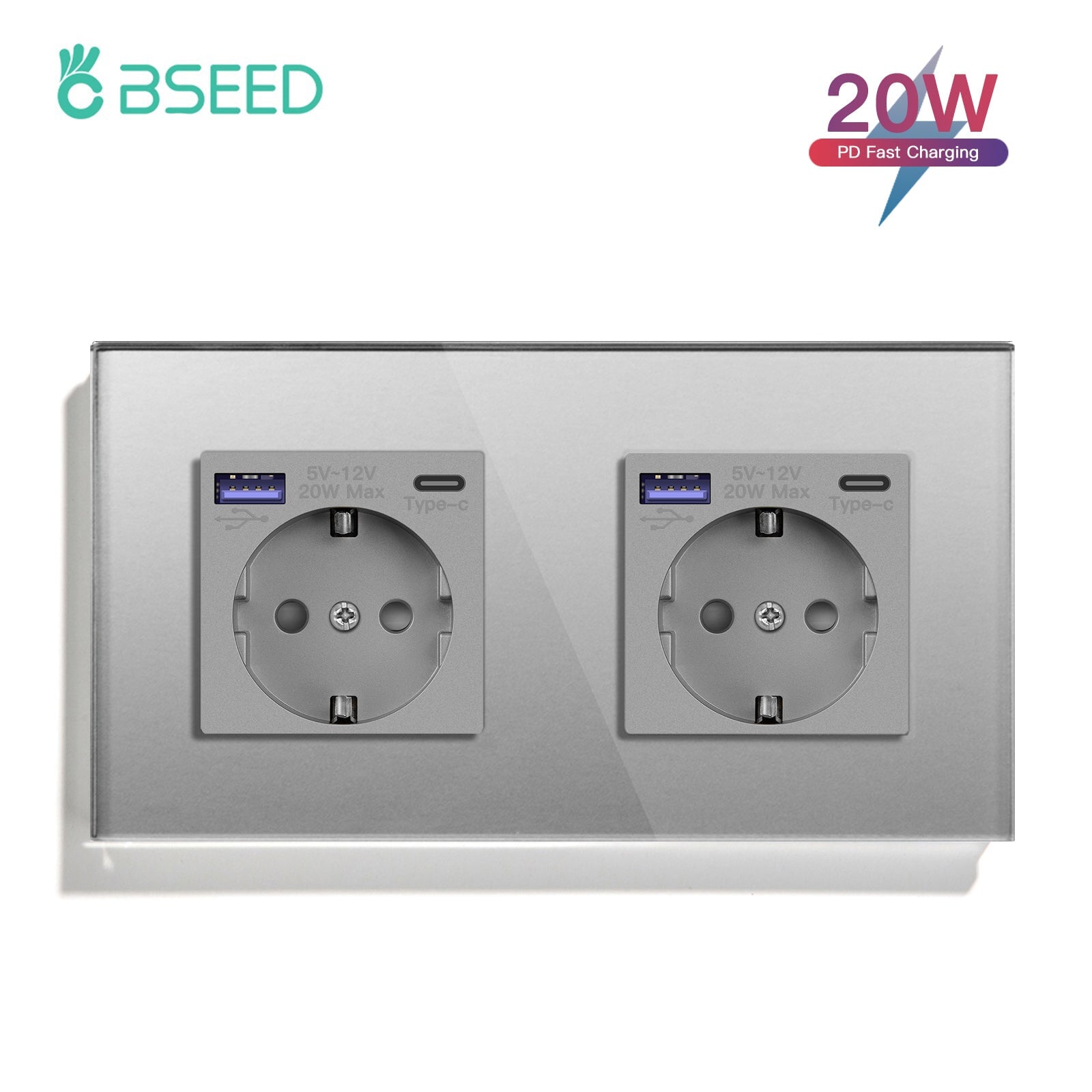 BSEED EU sockets with 20W PD Fast Charge Type-C Interface Outlet Wall Socket Power Outlets & Sockets Bseedswitch Grey Double 
