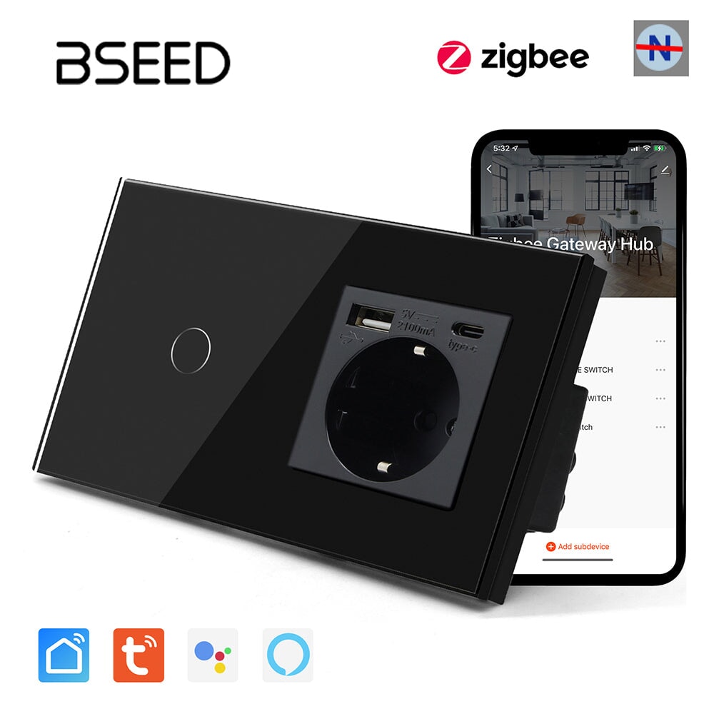 BSEED Tuya No Neutral Line Zigbee Smart Sensor Switch 1/2/3Gang Plus EU Wall Socket With Type-C USB Electric Plug Smart Life Alexa APP Control Need Gateway Power Outlets & Sockets Bseedswitch 