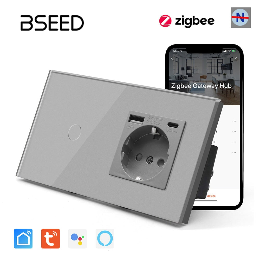 BSEED Tuya No Neutral Line Zigbee Smart Sensor Switch 1/2/3Gang Plus EU Wall Socket With Type-C USB Electric Plug Smart Life Alexa APP Control Need Gateway Power Outlets & Sockets Bseedswitch Grey 1Gang 