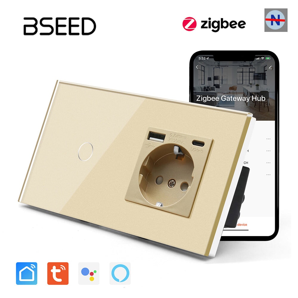 BSEED Tuya No Neutral Line Zigbee Smart Sensor Switch 1/2/3Gang Plus EU Wall Socket With Type-C USB Electric Plug Smart Life Alexa APP Control Need Gateway Power Outlets & Sockets Bseedswitch Gold 1Gang 