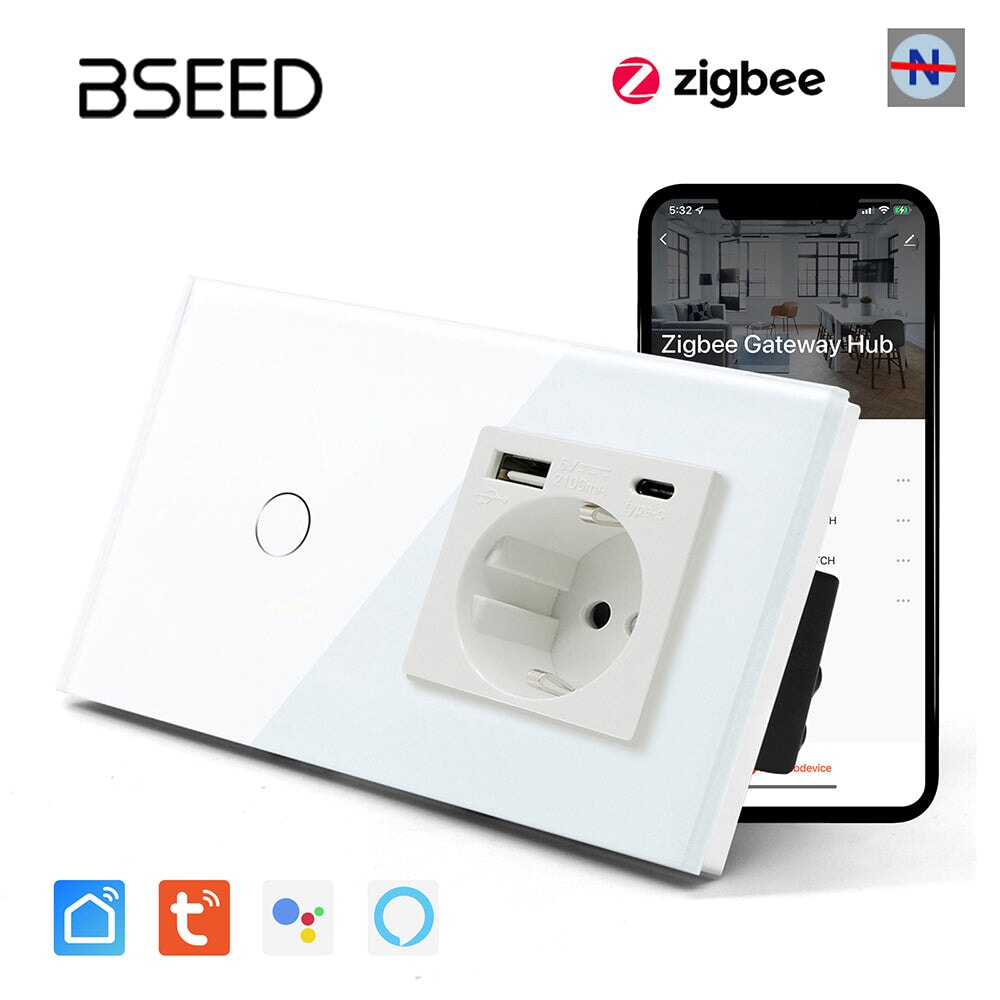 BSEED Tuya No Neutral Line Zigbee Smart Sensor Switch 1/2/3Gang Plus EU Wall Socket With Type-C USB Electric Plug Smart Life Alexa APP Control Need Gateway Power Outlets & Sockets Bseedswitch White 1Gang 