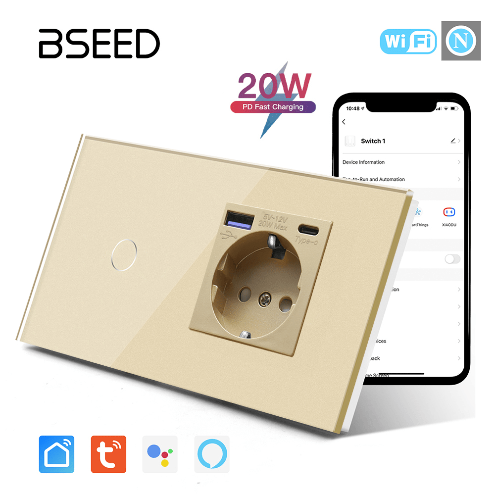 BSEED 1/2/3 Gang Wifi Light Switch Plus EU Wall USB Socket fast charge Type-c Light Switches Bseedswitch Gold 1Gang 