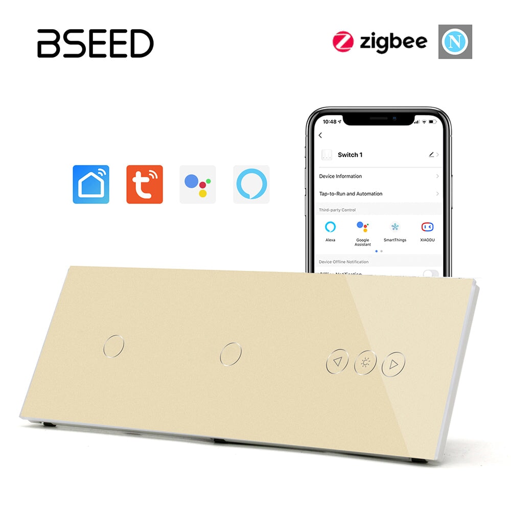 BSEED Double 1Gang zigbee Switch With zigbee dimmer Switch 228mm 照明开关 Bseedswitch Golden 1Gang+1Gang+Dimmer Switch 