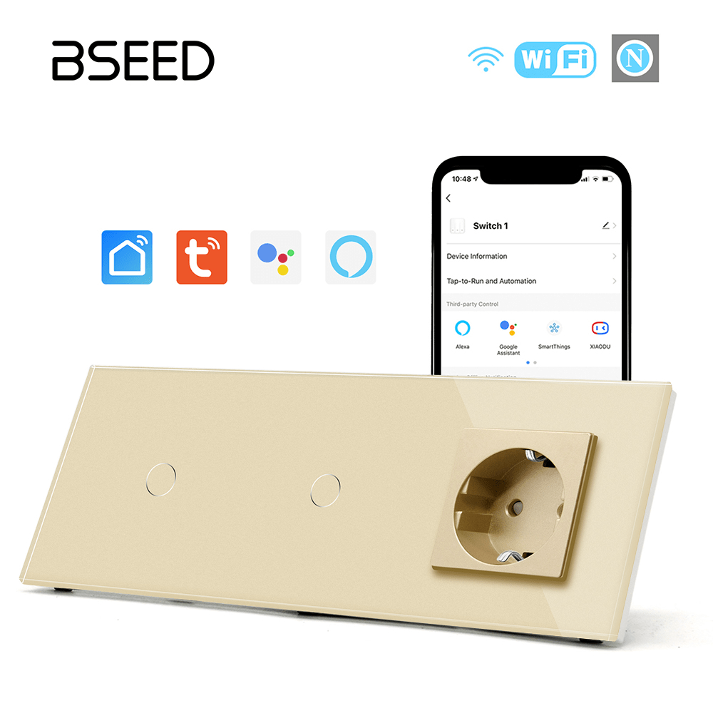 Bseed Smart WiFi Light Switches Multi Control With EU Normal Standard Wall Socket Light Switches Bseedswitch Golden 1Gang + 1Gang + Socket 