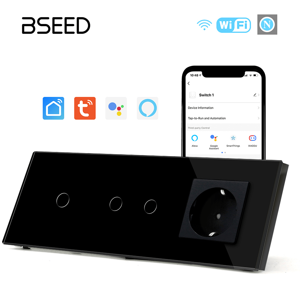 Bseed Smart WiFi Light Switches Multi Control With EU Normal Standard Wall Socket Light Switches Bseedswitch Black 1Gang + 2Gang + Socket 