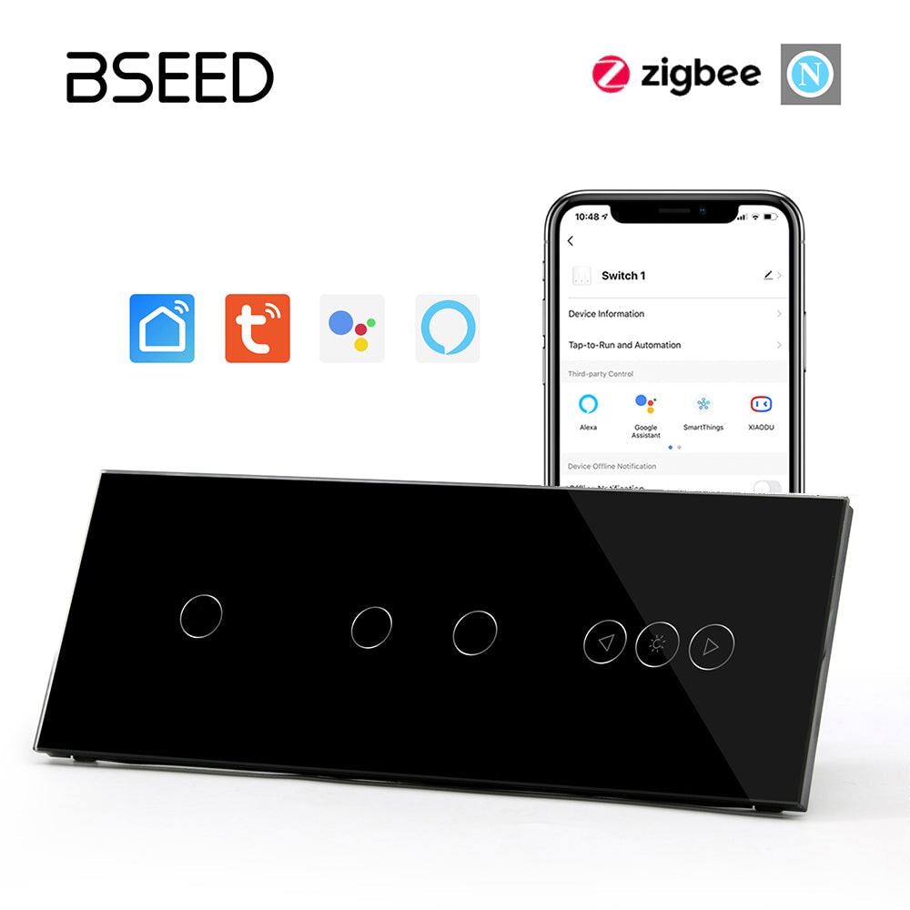 BSEED Double 1Gang zigbee Switch With zigbee dimmer Switch 228mm 照明开关 Bseedswitch Black 1Gang+2Gang+Dimmer Switch 