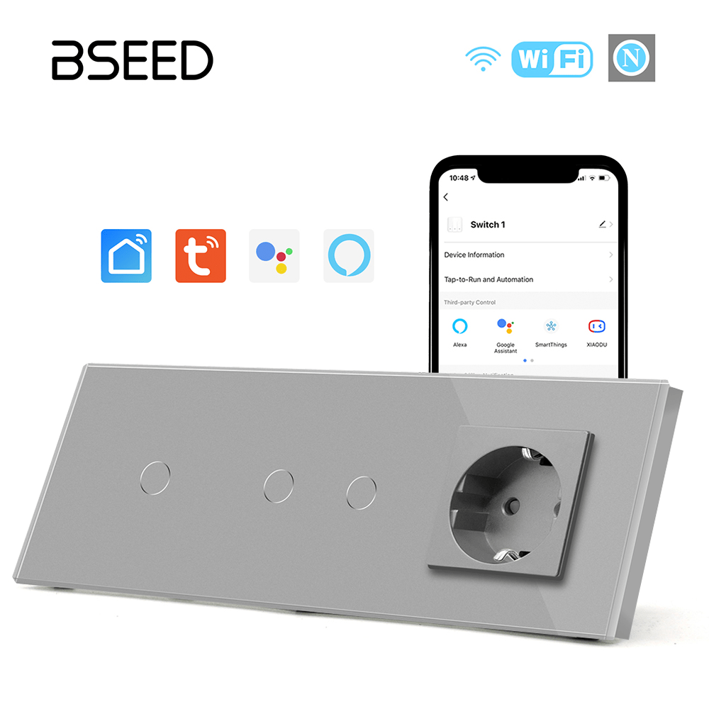Bseed Smart WiFi Light Switches Multi Control With EU Normal Standard Wall Socket Light Switches Bseedswitch Grey 1Gang + 2Gang + Socket 