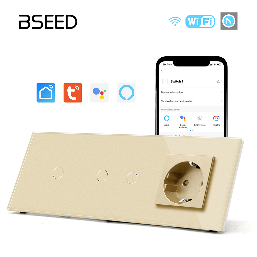 Bseed Smart WiFi Light Switches Multi Control With EU Normal Standard Wall Socket Light Switches Bseedswitch Golden 1Gang + 2Gang + Socket 