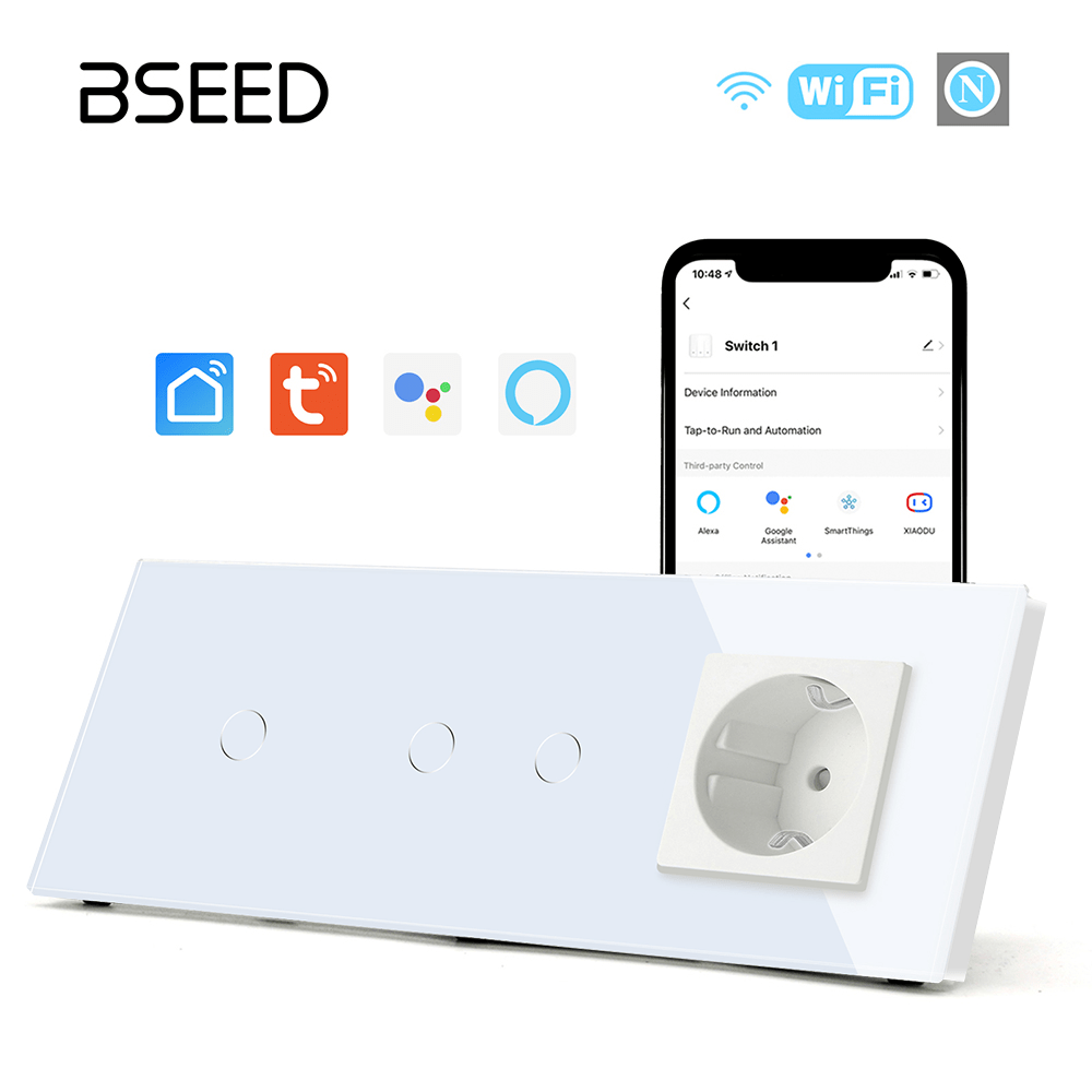 Bseed Smart WiFi Light Switches Multi Control With EU Normal Standard Wall Socket Light Switches Bseedswitch White 1Gang + 2Gang + Socket 