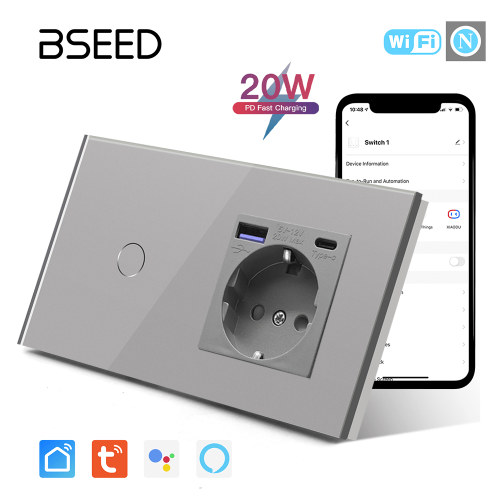 BSEED 1/2/3 Gang Wifi Light Switch Plus EU Wall USB Socket fast charge Type-c Light Switches Bseedswitch Grey 1Gang 