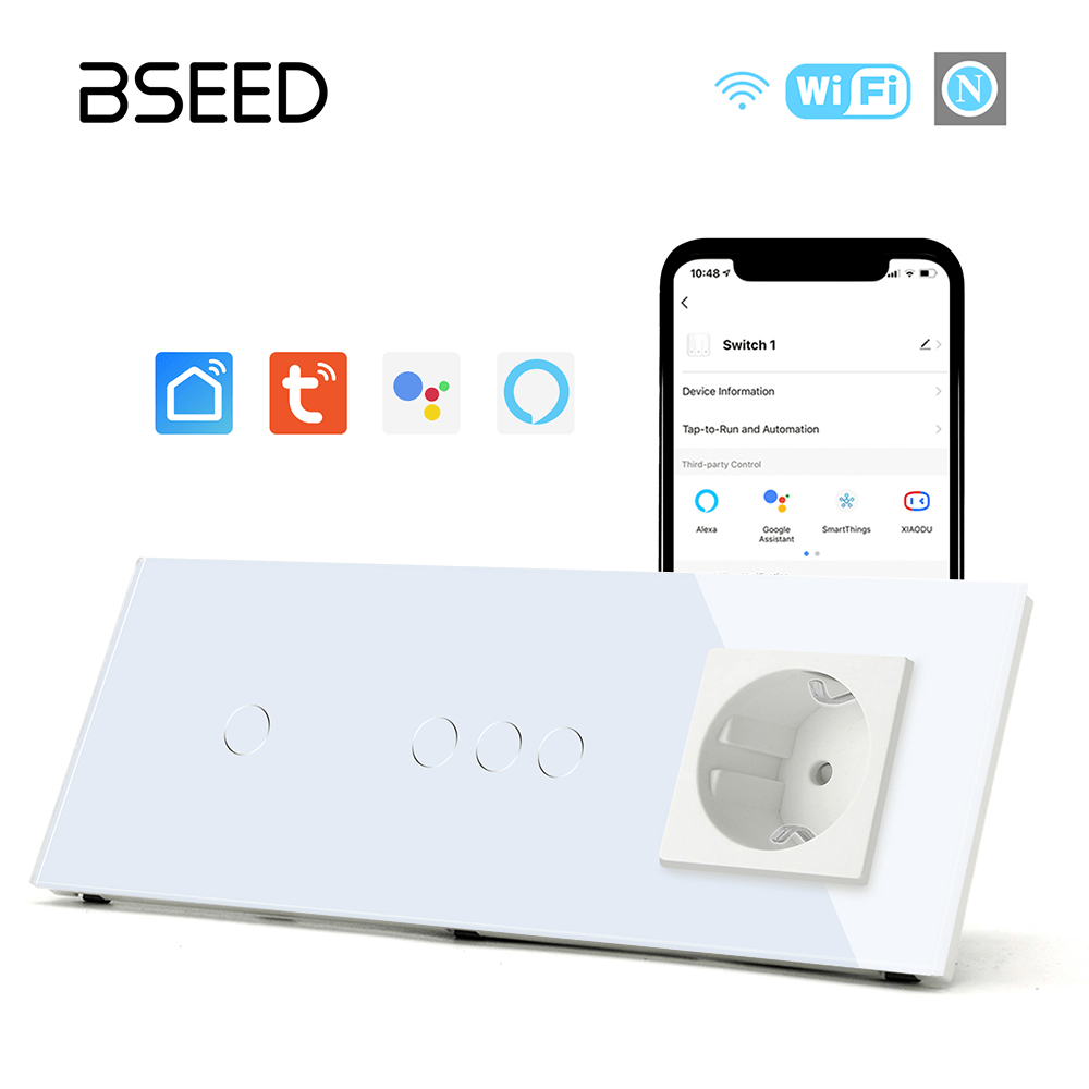 Bseed Smart WiFi Light Switches Multi Control With EU Normal Standard Wall Socket Light Switches Bseedswitch White 1Gang + 3Gang + Socket 
