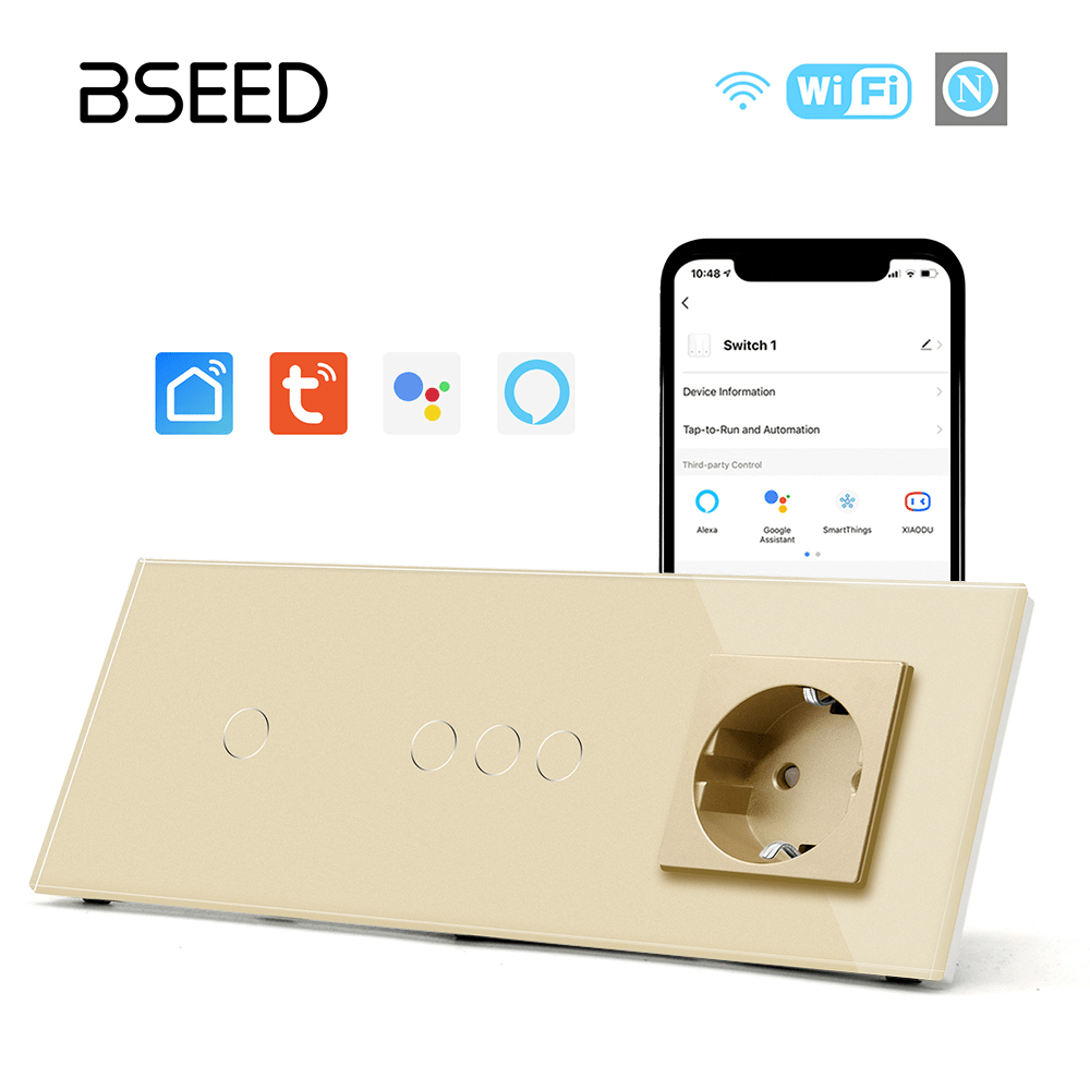 Bseed Smart WiFi Light Switches Multi Control With EU Normal Standard Wall Socket Light Switches Bseedswitch Golden 1Gang + 3Gang + Socket 