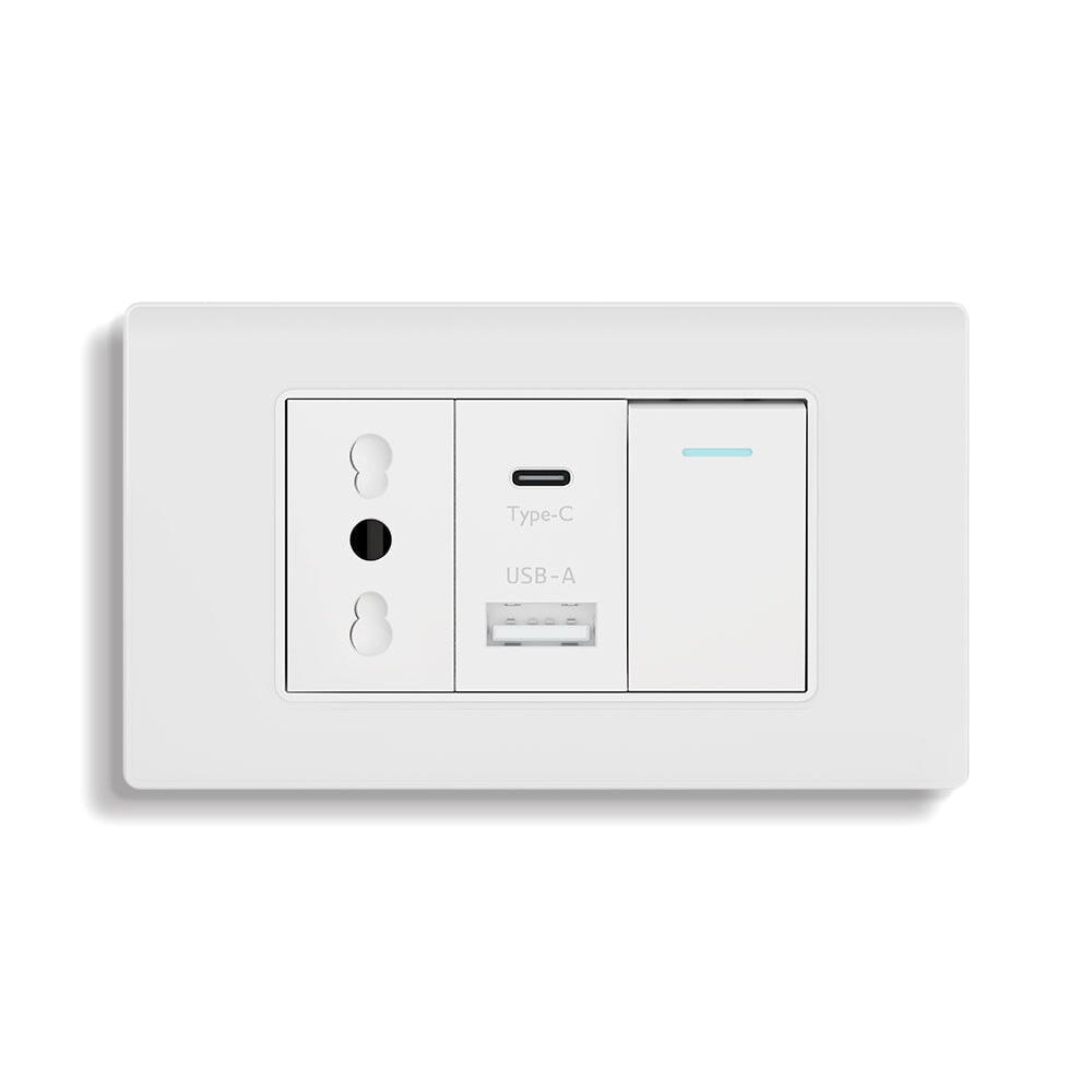 Italian Standard 16A Wall Socket With USB and 2.1A Type-c Ports Wall light switch 1Gang Bseedswitch White 1Way 