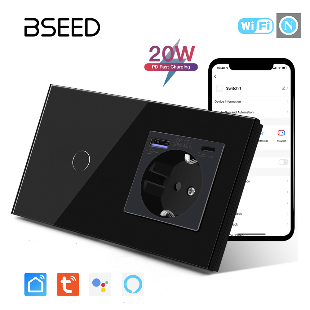 BSEED 1/2/3 Gang Wifi Light Switch Plus EU Wall USB Socket fast charge Type-c Light Switches Bseedswitch Black 1Gang 