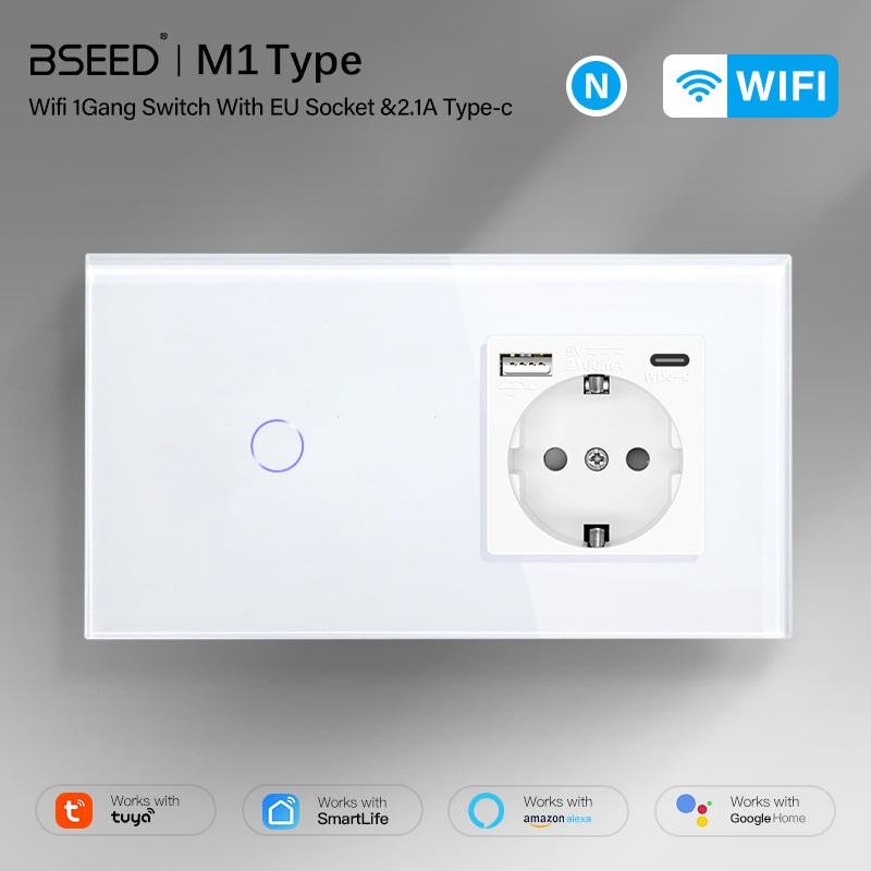 BSEED Smart Touch Switches 1/2/3 Gang Wifi Light Switch Plus EU Wall USB Socket Type-c Smart Life Google Alexa App Control Light Switches Bseedswitch 