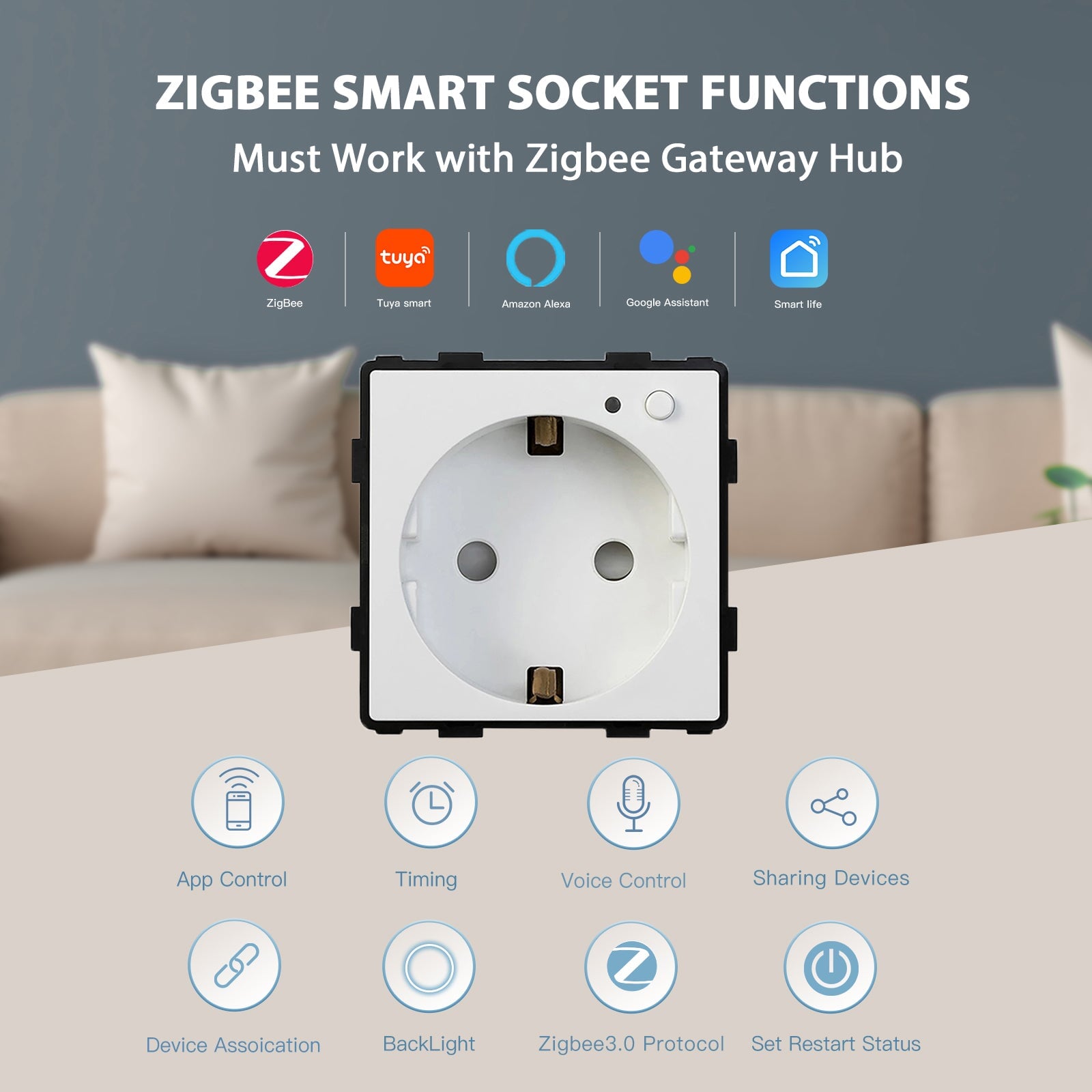 BSEED ZigBee EU Wall Sockets With Energy Monitoring PC Panel with Kids Protection Wall Plates & Covers Bseedswitch 