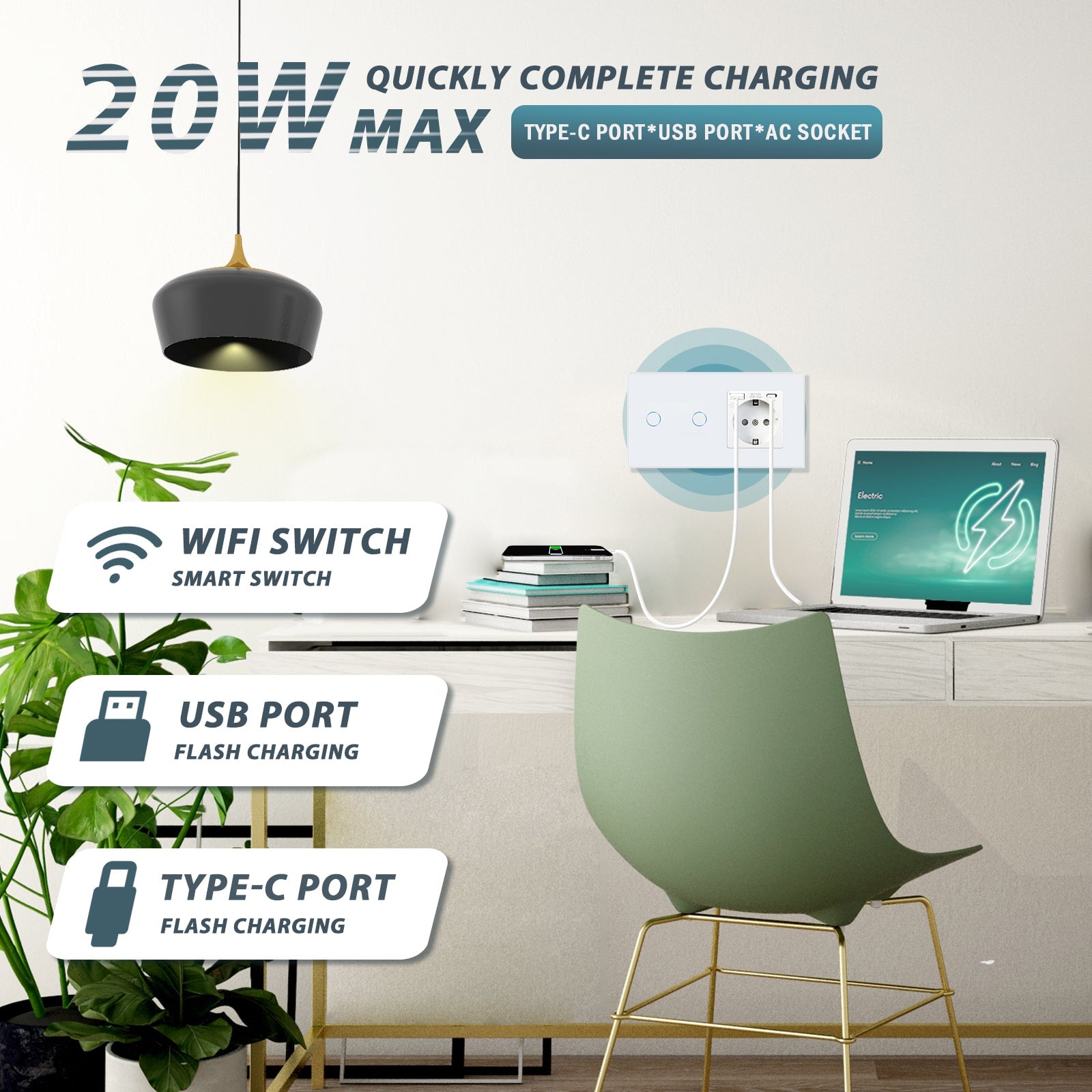 BSEED 1/2/3 Gang Wifi Light Switch Plus EU Wall USB Socket fast charge Type-c Light Switches Bseedswitch 