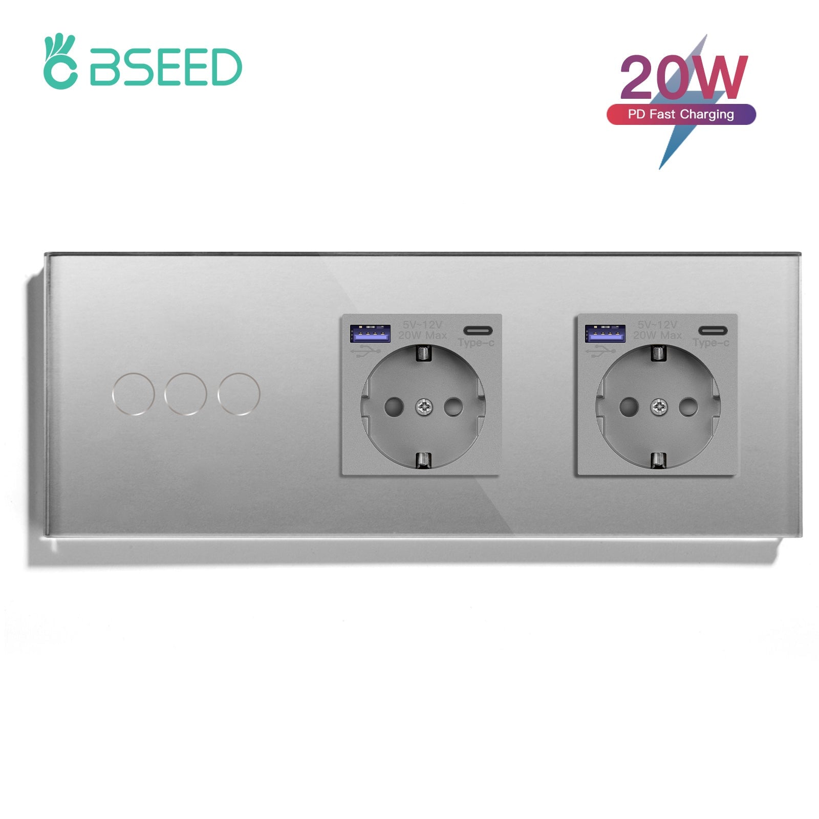 BSEED Product Customization Bseedswitch 3gang 2way touch switch with double EU socket and usb-c fast charge 