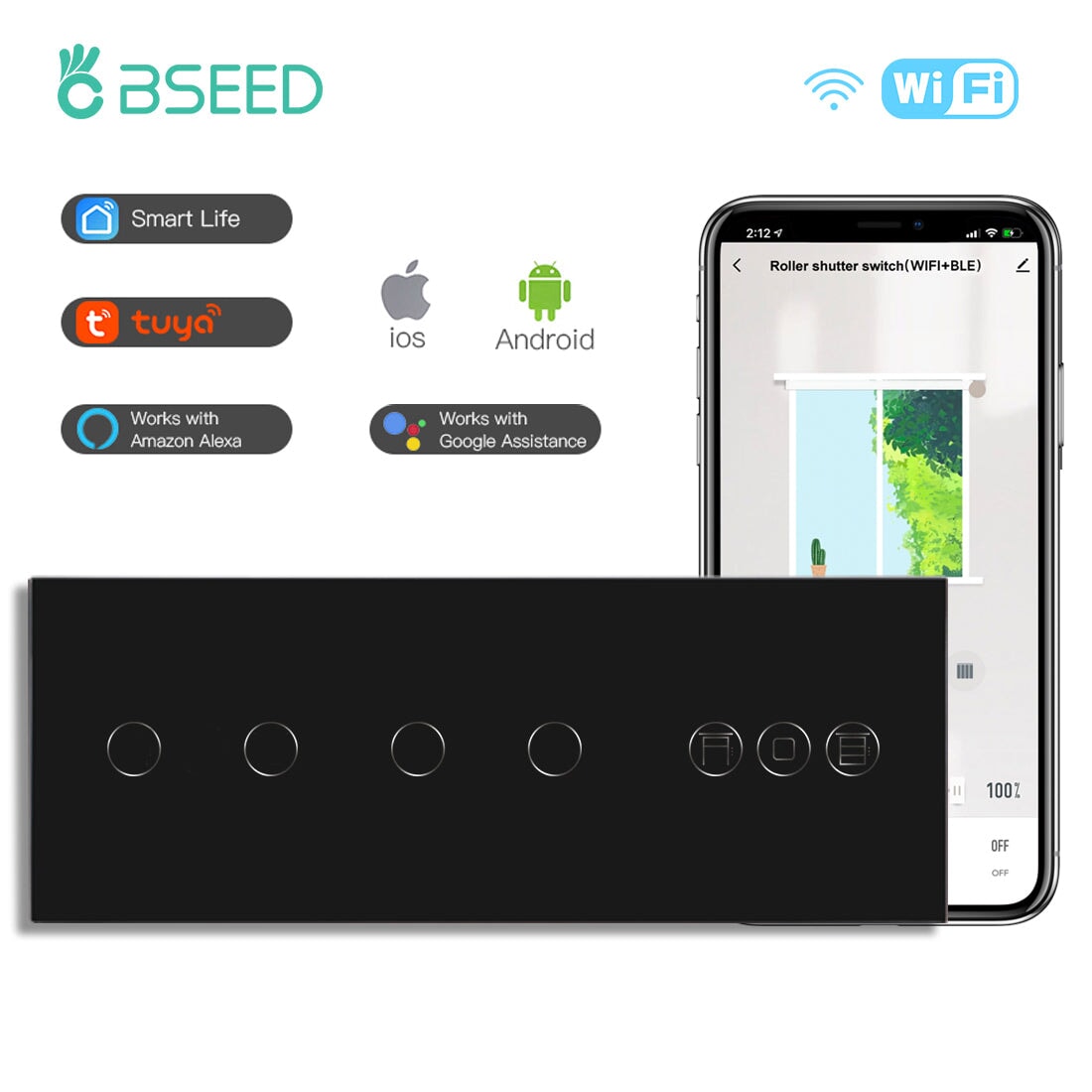 BSEED Double 1Gang WiFi Switch With Roller Shutter Switch 228mm 照明开关 Bseedswitch Black 2Gang+2Gang+Shutter Switch 