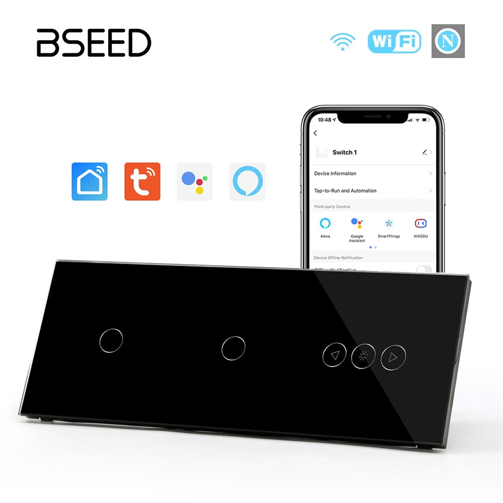 BSEED Double 1Gang WiFi Switch With wifi dimmer Switch 228mm 照明开关 Bseedswitch Black 1Gang+1Gang+Dimmer Switch 