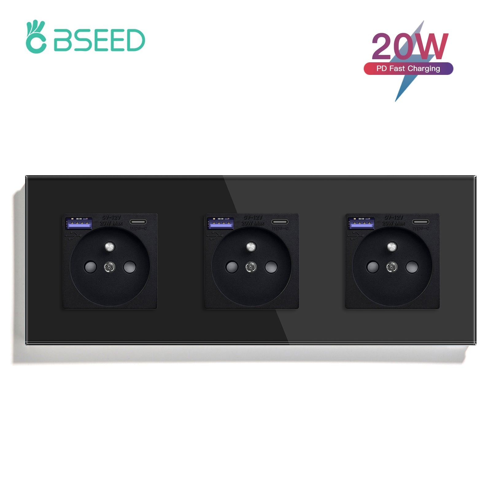 BSEED FR sockets with 20W PD Fast Charge Type-C Interface Outlet Wall Socket Power Outlets & Sockets Bseedswitch Black Triple 