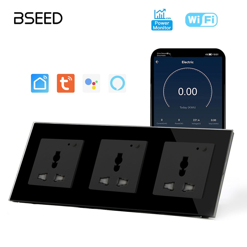 BSEED Smart WiFi Multi-Function Wall Sockets with Energy monitoring Bseedswitch Black Triple 