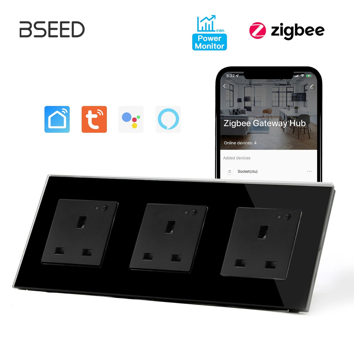 BSEED ZigBee UK Wall Sockets Power Outlets Kids Protection with metering Wall Plates & Covers Bseedswitch black Triple 