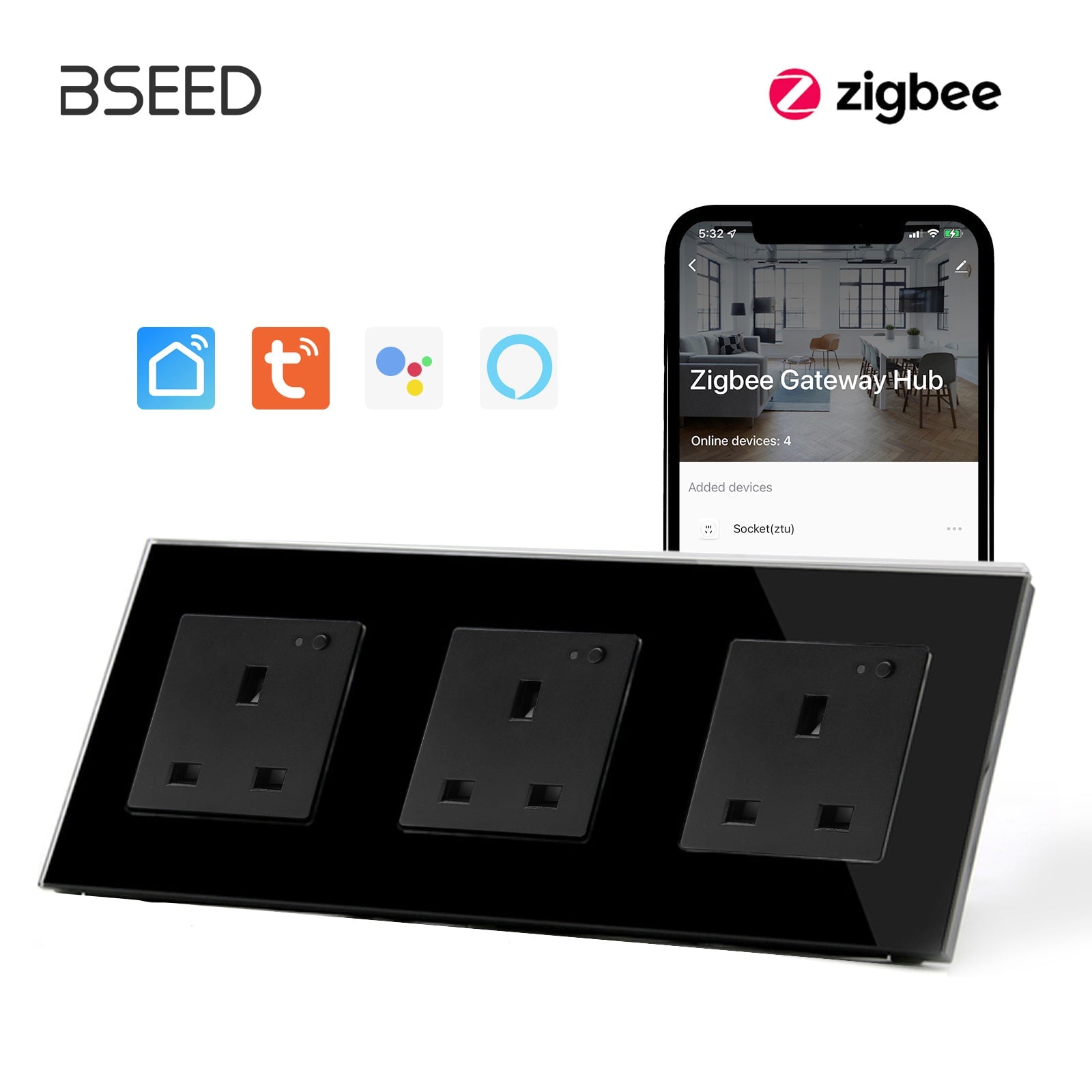 BSEED ZigBee UK Wall Sockets Power Outlets Kids Protection Wall Plates & Covers Bseedswitch black Triple 