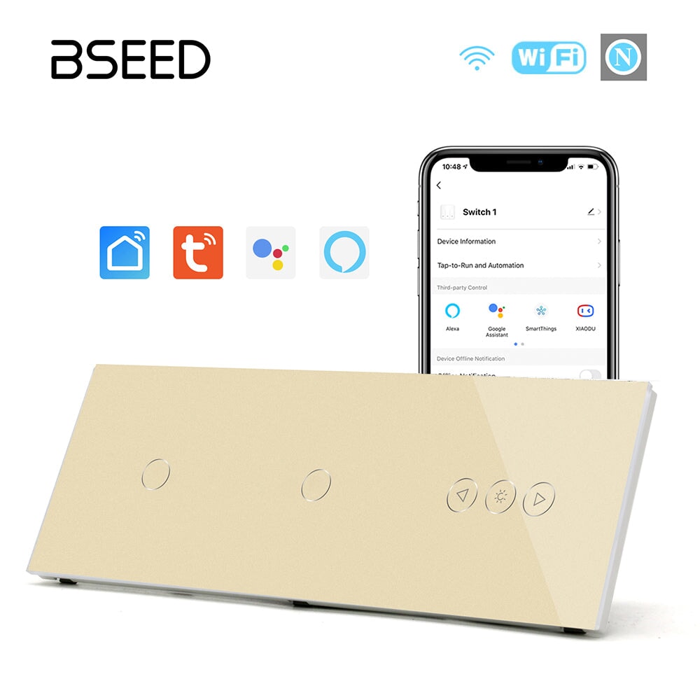 BSEED Double 1Gang WiFi Switch With wifi dimmer Switch 228mm 照明开关 Bseedswitch Golden 1Gang+1Gang+Dimmer Switch 