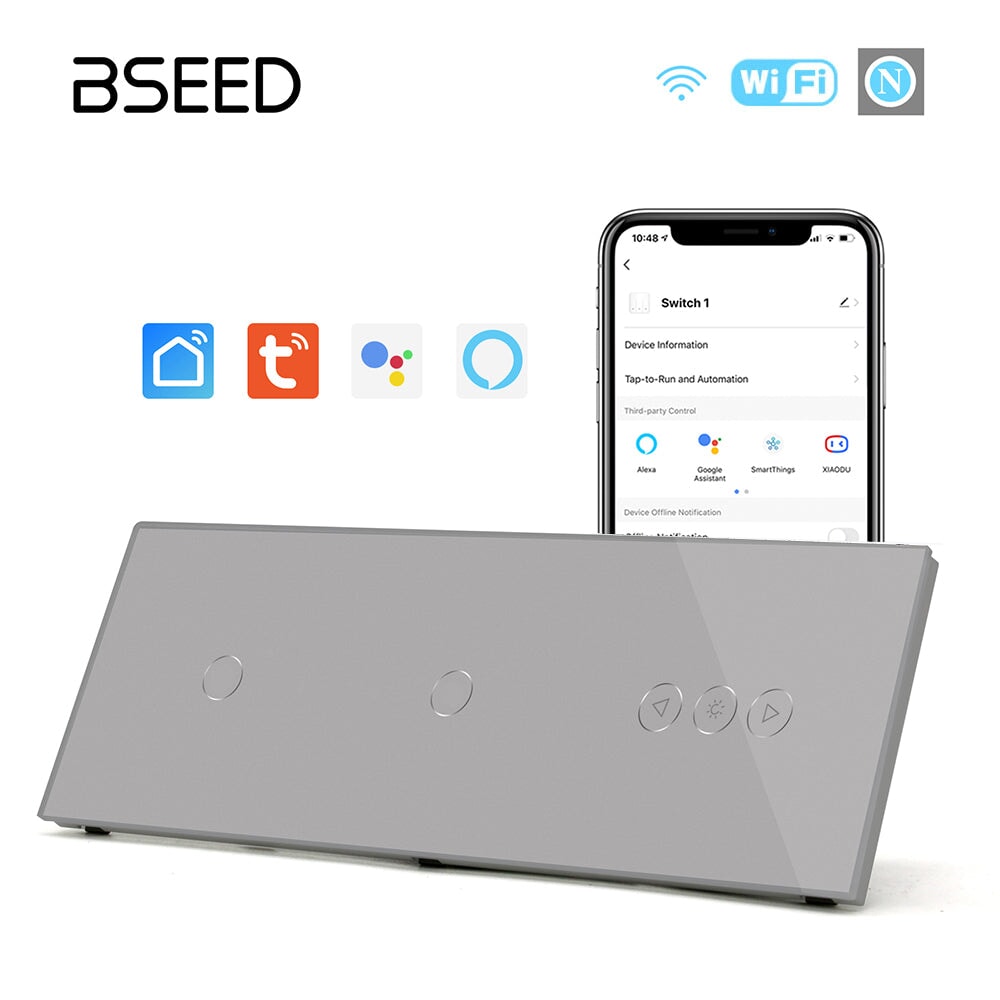 BSEED Double 1Gang WiFi Switch With wifi dimmer Switch 228mm 照明开关 Bseedswitch Grey 1Gang+1Gang+Dimmer Switch 