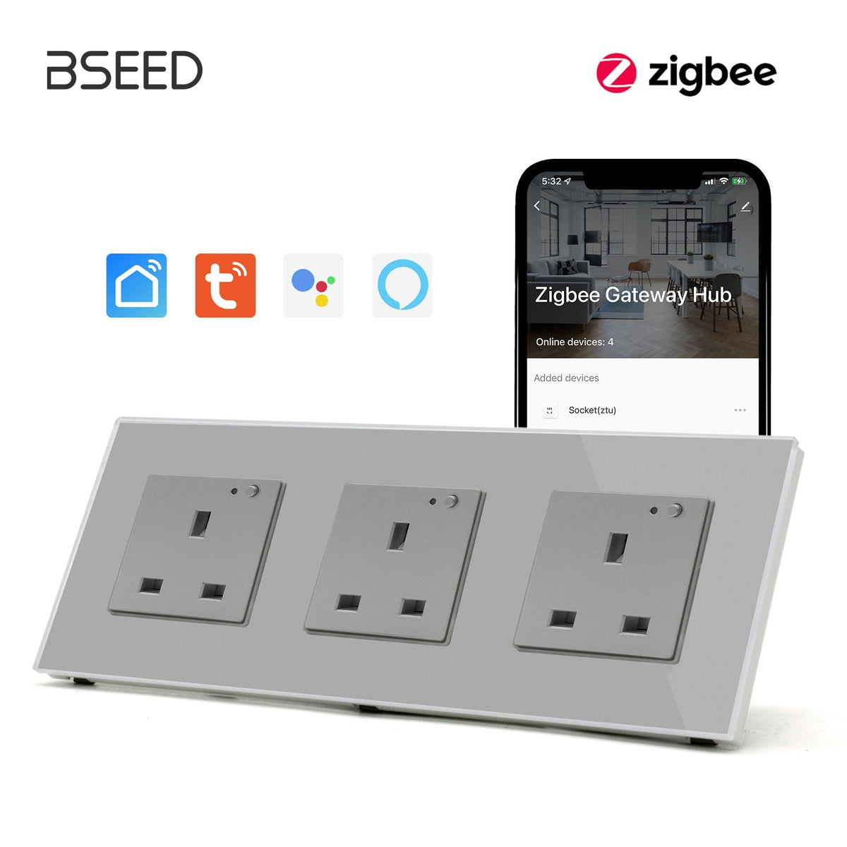 BSEED ZigBee UK Wall Sockets Power Outlets Kids Protection Wall Plates & Covers Bseedswitch grey Triple 