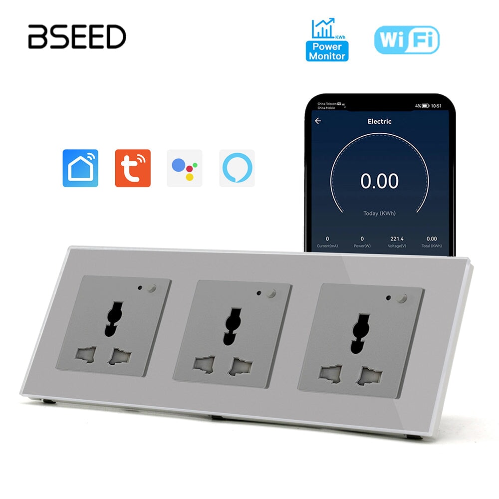 BSEED Smart WiFi Multi-Function Wall Sockets with Energy monitoring Bseedswitch Grey Triple 