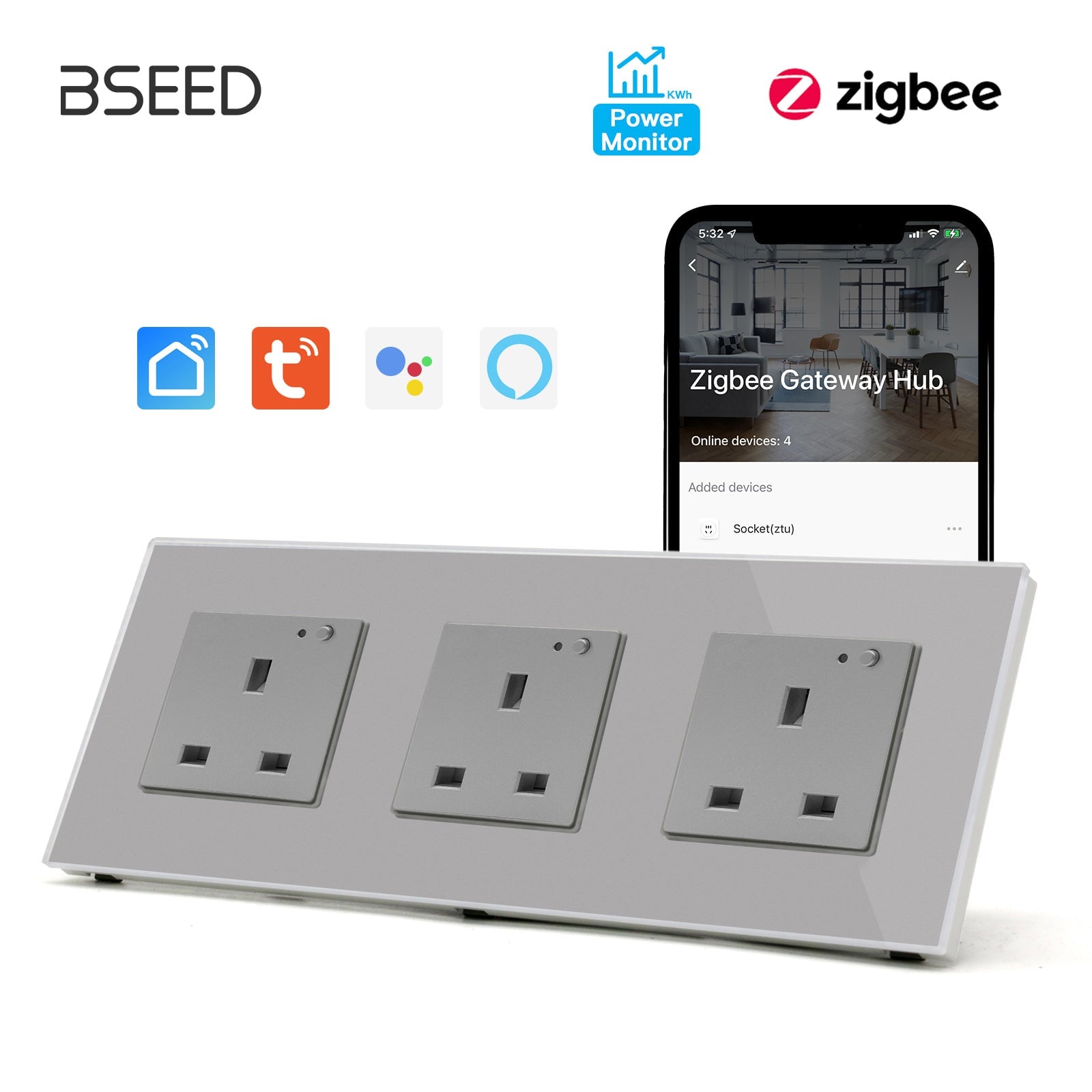 BSEED ZigBee UK Wall Sockets Power Outlets Kids Protection with metering Wall Plates & Covers Bseedswitch grey Triple 