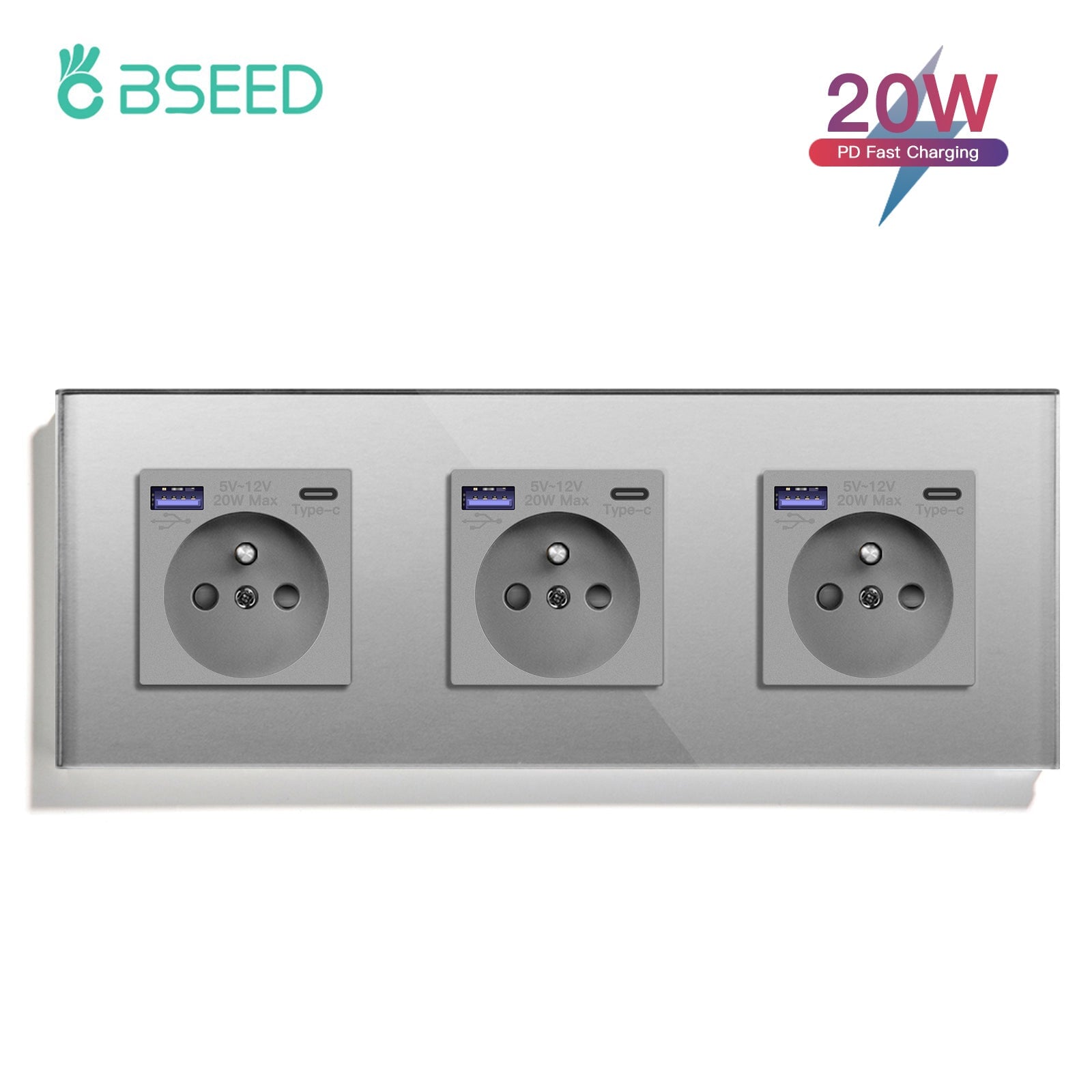 BSEED FR sockets with 20W PD Fast Charge Type-C Interface Outlet Wall Socket Power Outlets & Sockets Bseedswitch Grey Triple 