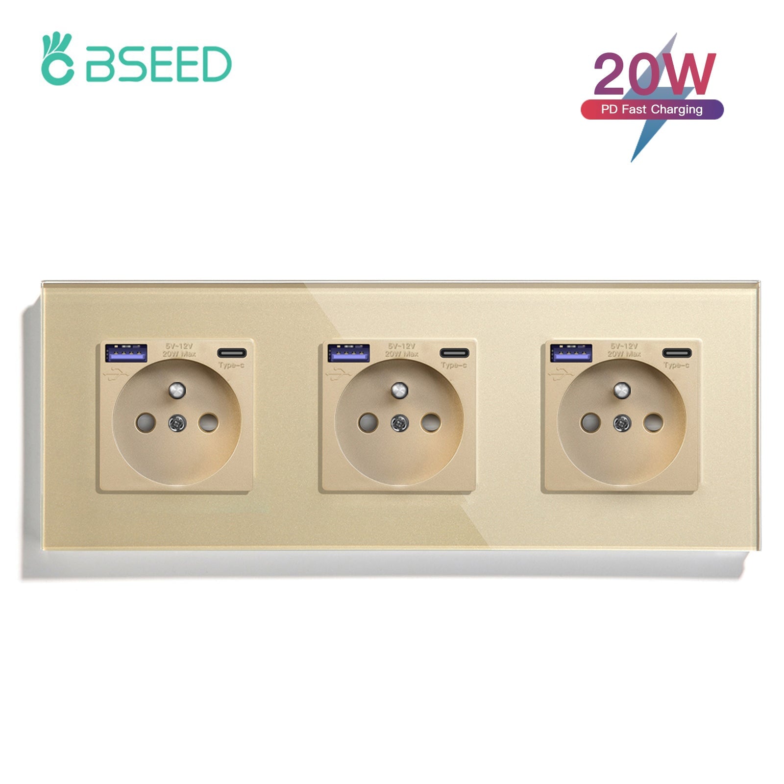 BSEED FR sockets with 20W PD Fast Charge Type-C Interface Outlet Wall Socket Power Outlets & Sockets Bseedswitch Golden Triple 