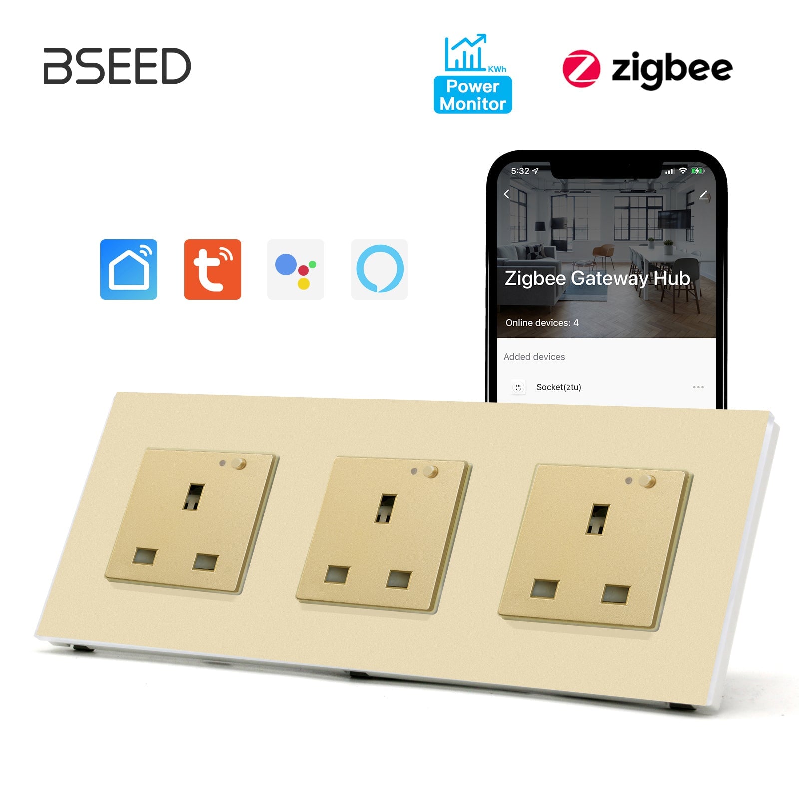 BSEED ZigBee UK Wall Sockets Power Outlets Kids Protection with metering Wall Plates & Covers Bseedswitch golden Triple 