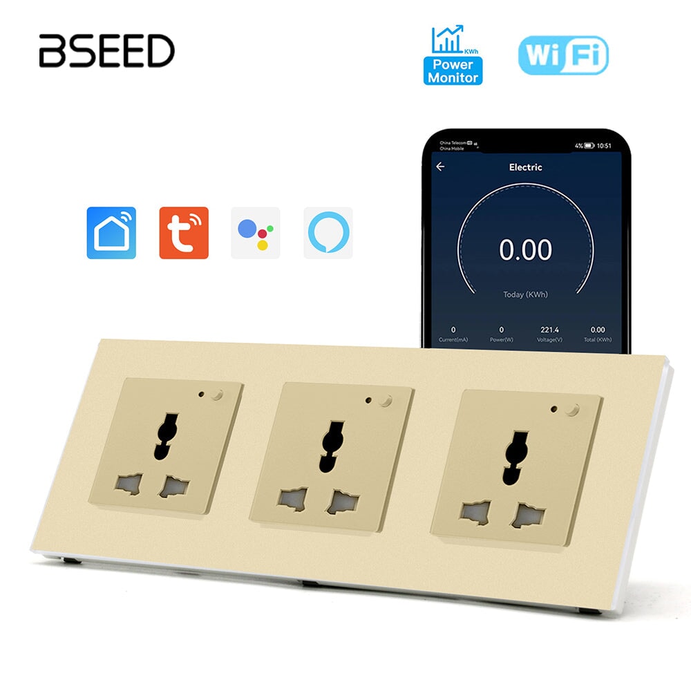 BSEED Smart WiFi Multi-Function Wall Sockets with Energy monitoring Bseedswitch Golden Triple 
