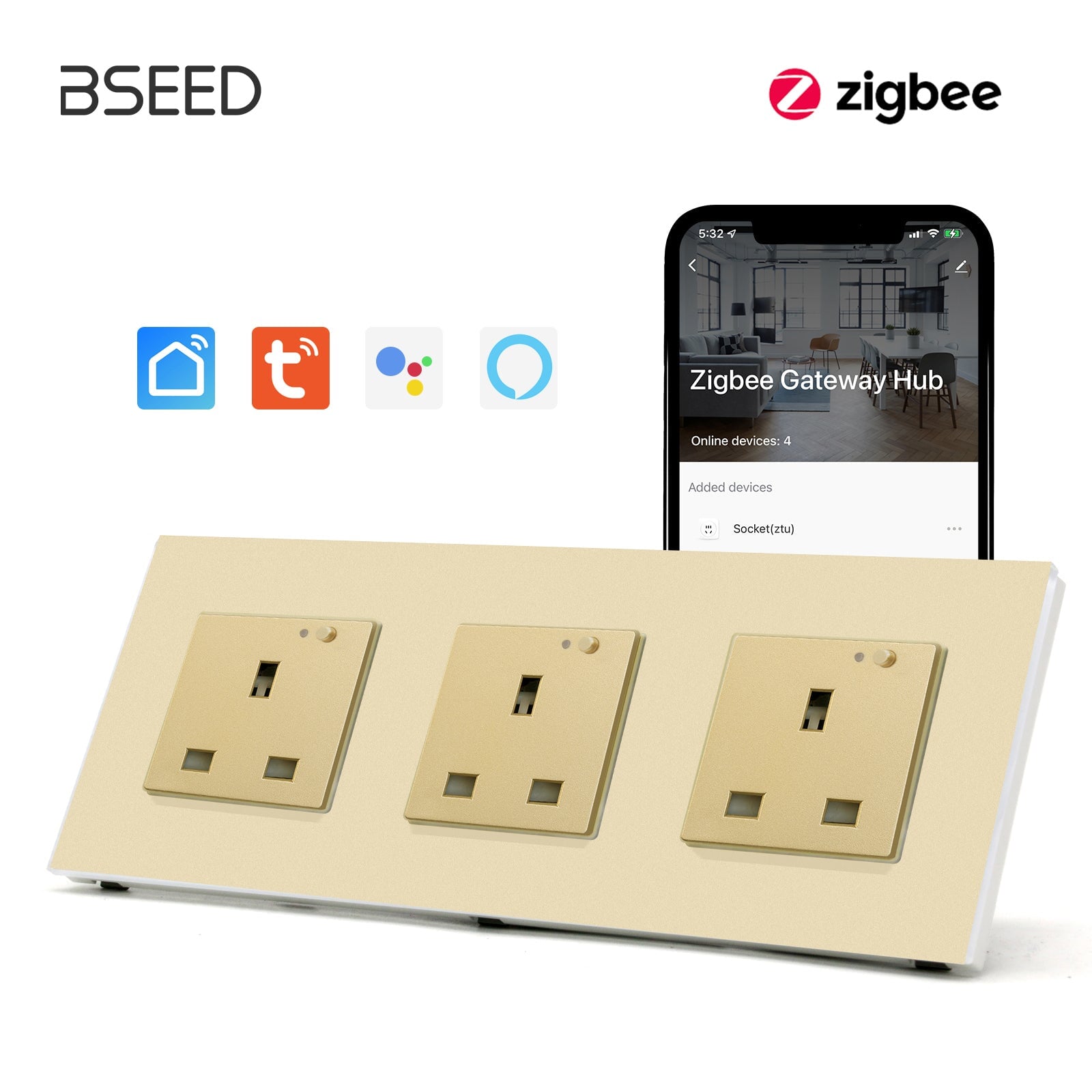 BSEED ZigBee UK Wall Sockets Power Outlets Kids Protection Wall Plates & Covers Bseedswitch golden Triple 