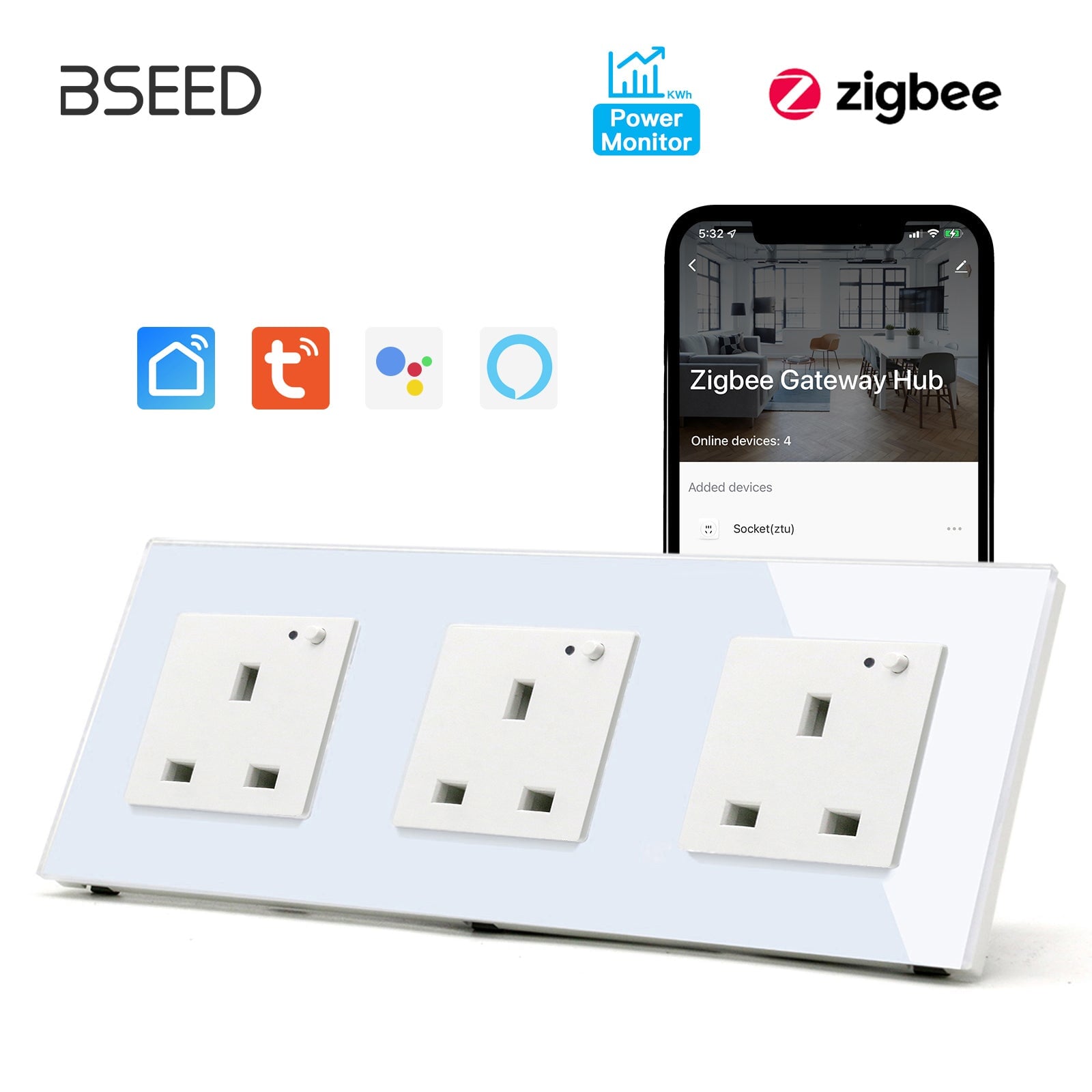 BSEED ZigBee UK Wall Sockets Power Outlets Kids Protection with metering Wall Plates & Covers Bseedswitch white Triple 