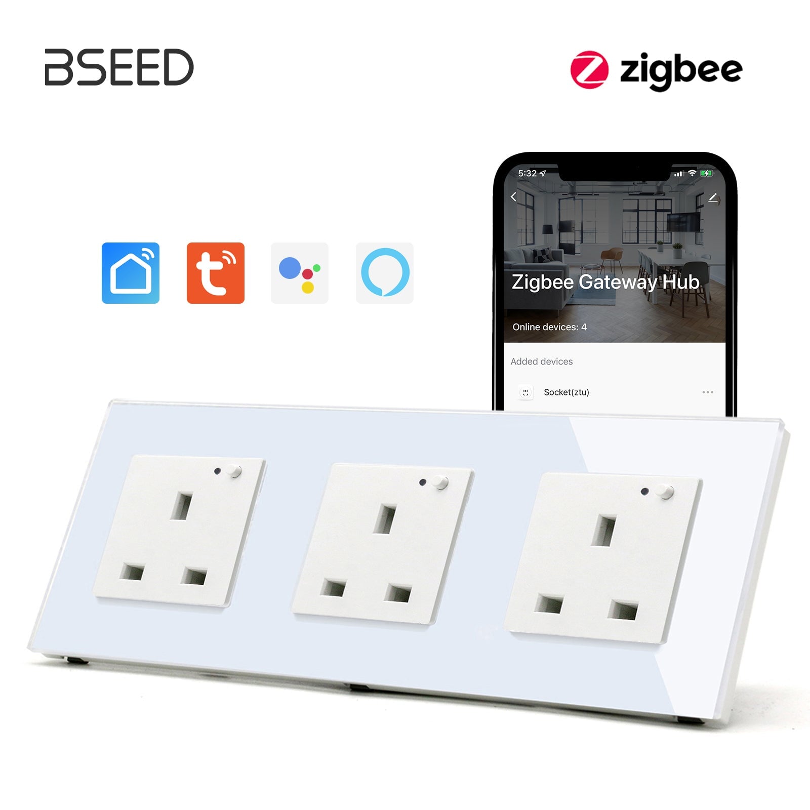 BSEED ZigBee UK Wall Sockets Power Outlets Kids Protection Wall Plates & Covers Bseedswitch white Triple 
