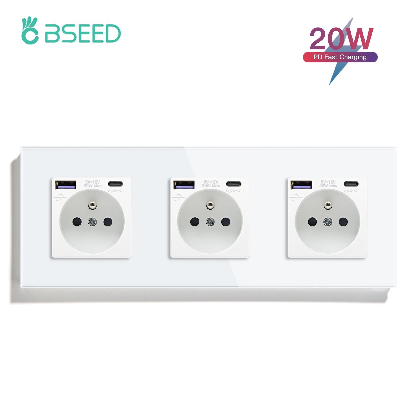 BSEED FR sockets with 20W PD Fast Charge Type-C Interface Outlet Wall Socket Power Outlets & Sockets Bseedswitch White Triple 