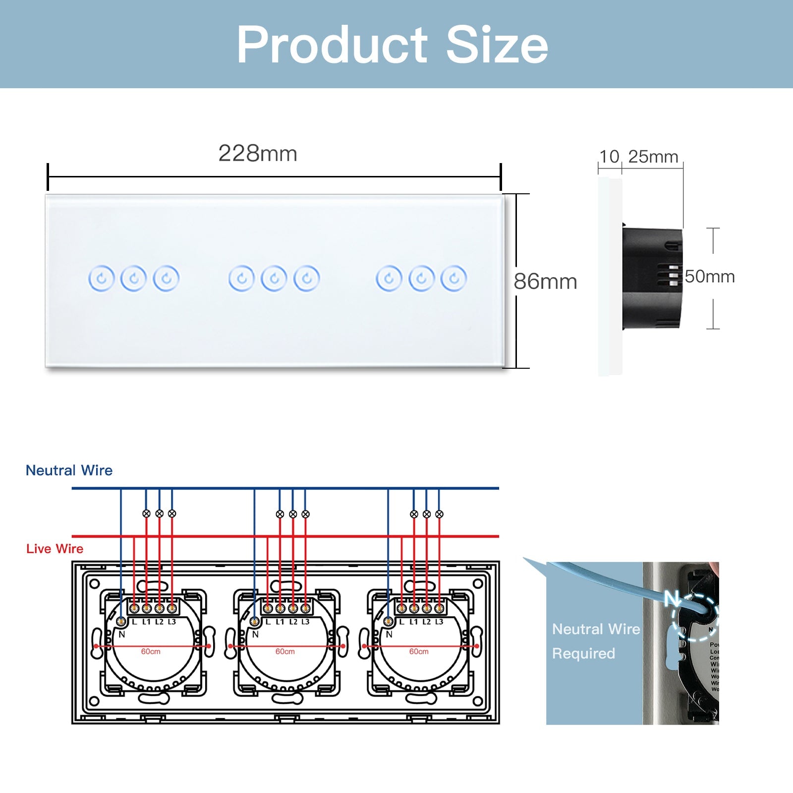 Bseed WiFi Light Switch Triple Switch 1/2/3 Way 228mm Alexa Google Smart Life Control Light Switches Bseedswitch 