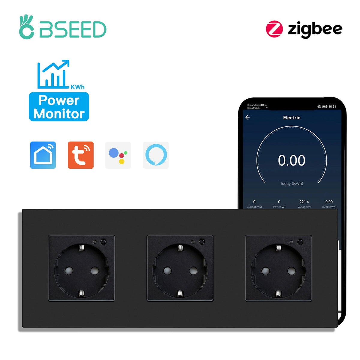 BSEED ZigBee EU Wall Sockets With Energy Monitoring PC Panel with Kids Protection Wall Plates & Covers Bseedswitch black Triple 