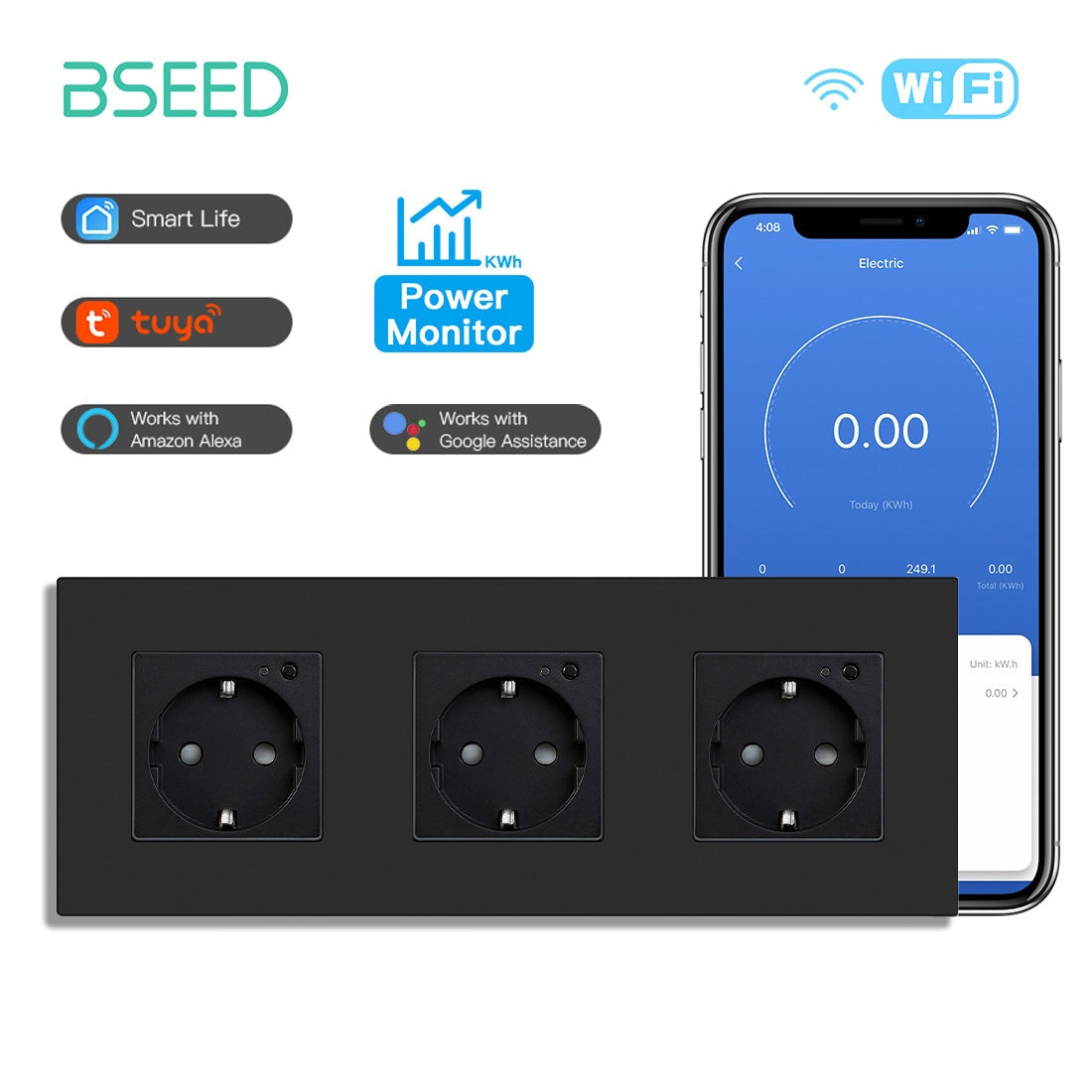 Bseed Wifi EU Wall Sockets With Energy Monitoring PC Panel Power Outlets & Sockets Bseedswitch Black Triple 