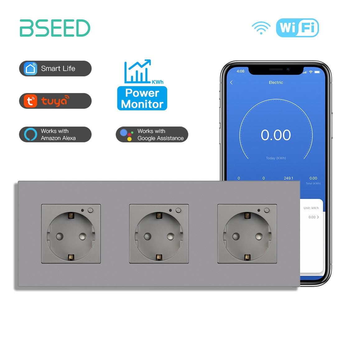 Bseed Wifi EU Wall Sockets With Energy Monitoring PC Panel Power Outlets & Sockets Bseedswitch Grey Triple 