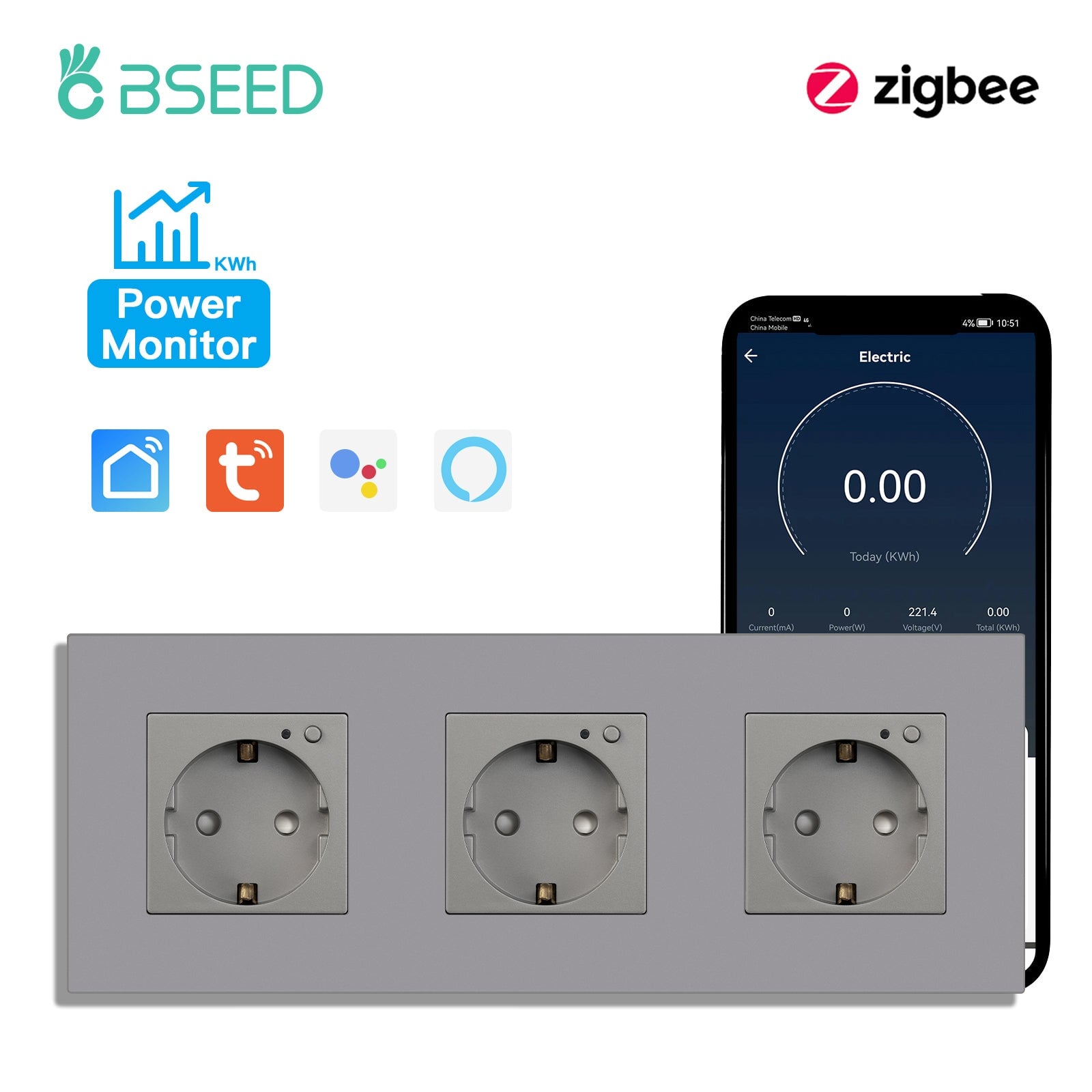 BSEED ZigBee EU Wall Sockets With Energy Monitoring PC Panel with Kids Protection Wall Plates & Covers Bseedswitch grey Triple 